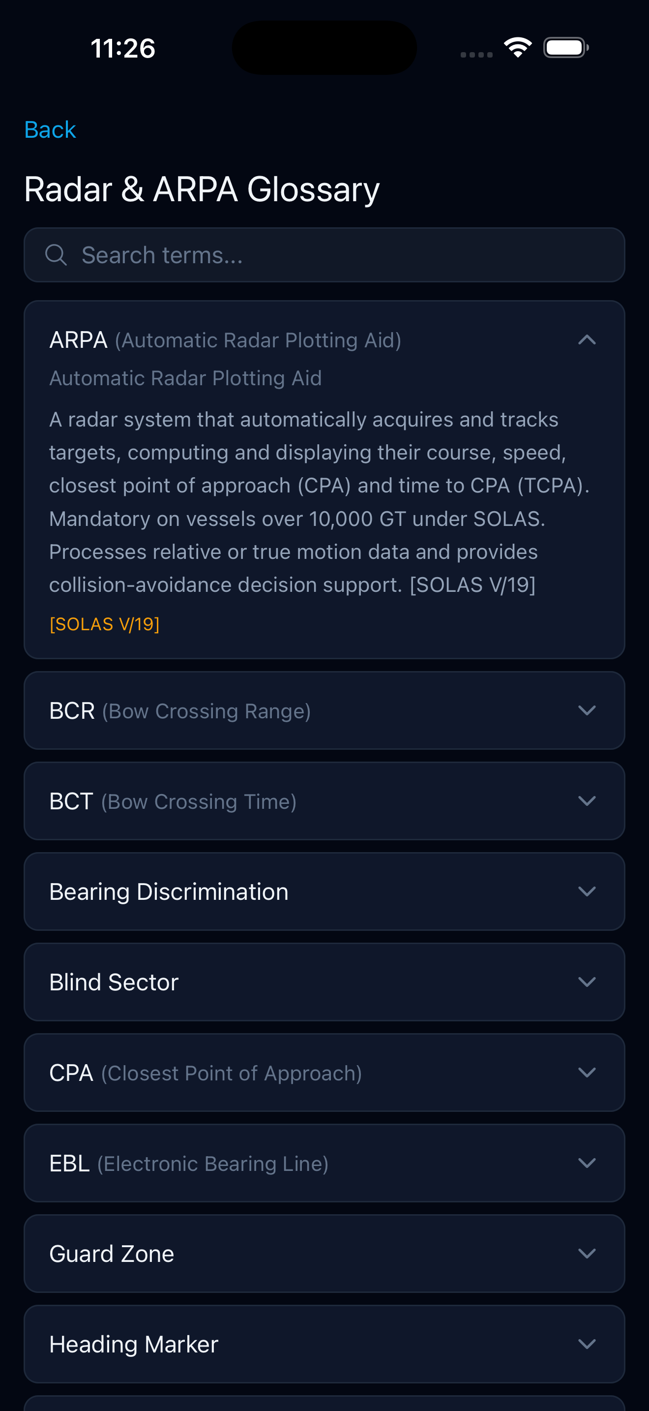 Radar & ARPA module glossary with ARPA term expanded