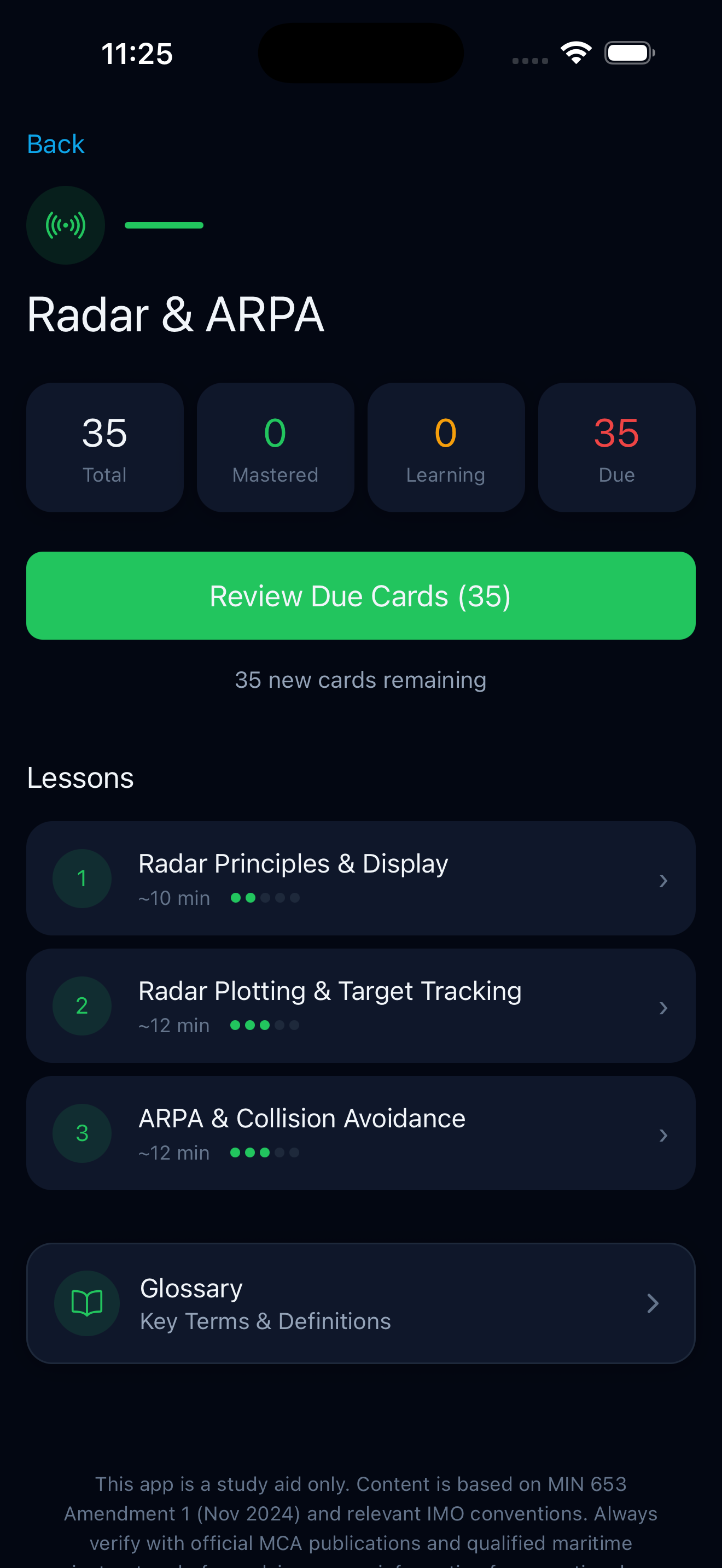 Radar & ARPA module detail showing lessons, stats and glossary